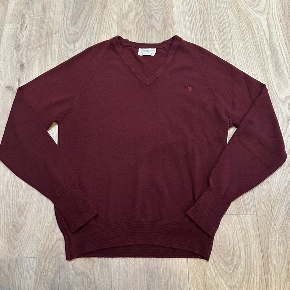 Dior Sweaters - VTG Christian Dior V-Neck Sweater Women's Sz Large Burgundy Logo Preppy Acrylic